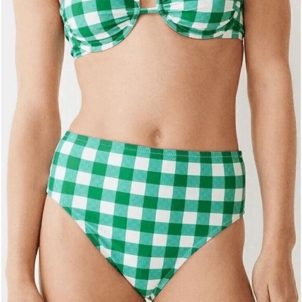 J Crew NWT size 2XL High Rise full coverage bikini bottom - green/white Gingham
